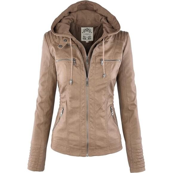 Jackets & Blazers - Faux Leather Jacket for Women Khaki2